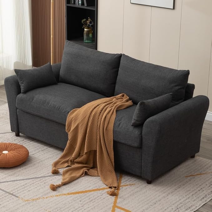 Panana Modern 3 Seater Couch Seette Linen Fabric Grey Sofa with Under Storage Compartment for Small Apartment 180 x 80 x 80cm (Dark Grey Sock Arm)