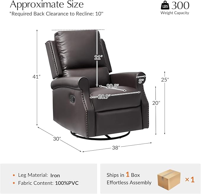HULALA HOME Faux Leather Swivel Rocker Recliner with Adjustable Backrest and Footrest Push Back Recliner Chair with Nailhead Trim 360° Swivel Glider Rocking Chair for Living Room Bedroom Brown