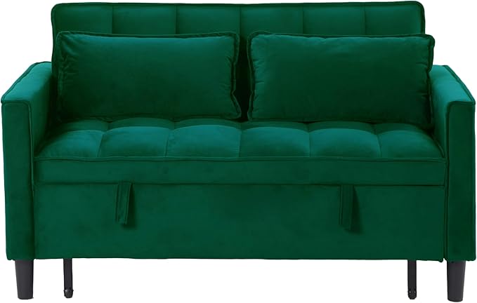 3 in 1 Convertible Sofa Bed Love Seat Sleeper Bed with Side Pockets Velvet Fabric Pull Out Couch with Adjustable Backrest for Living Room Bedroom Apartment Dark Green