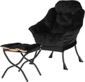 Kokel Lazy Chair with Folding OttomanLiving Room Chairs Accent Contemporary Lounge Chair Single Steel Frame Leisure Sofa Chair with Armrests and A Side Pocket (Black)
