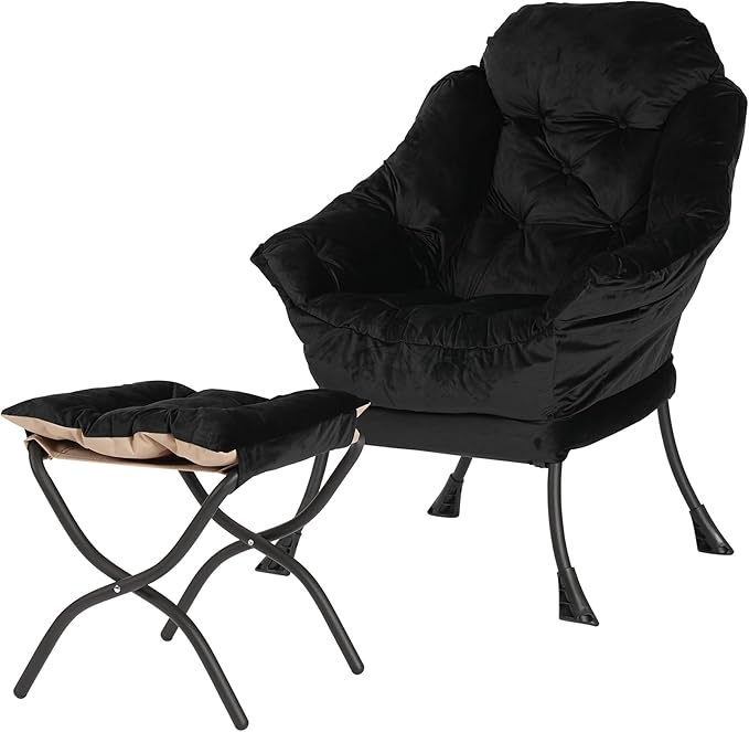 Kokel Lazy Chair with Folding OttomanLiving Room Chairs Accent Contemporary Lounge Chair Single Steel Frame Leisure Sofa Chair with Armrests and A Side Pocket (Black)