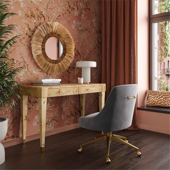 Pemberly Row Contemporary Acacia Burl Work Desk Natural Finish Handmade Furniture Brass Tipped Legs Fully Finished Back Rustic Home Office Desk Textured Acacia Wood