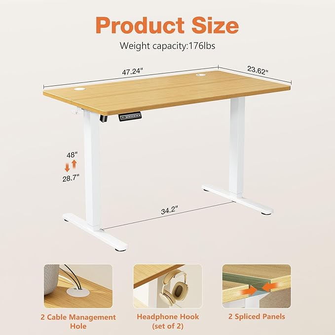 Sweetcrispy Electric Standing Desk Adjustable Height 48x24 Inch Sit Stand Up Home Office Desks Computer Workstation PC Work Table with 3 Memory Preset Splice Wood Board Metal Frame Oak