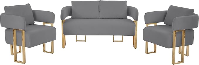 YISHENG Loveseat Sofa and 2 Accent Chairs Comfy Sofa Modern Accent Chairs for Living Room with Golden Legs Teddy Upholstered Reading Armchairs no Wheels for Reception Room//Bedroom/Lounge/OfficeGrey