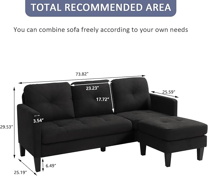 Grepatio Convertible Sectional Sofa Couch L-Shaped Couch with Modern Linen Fabric for Small Space (Black)