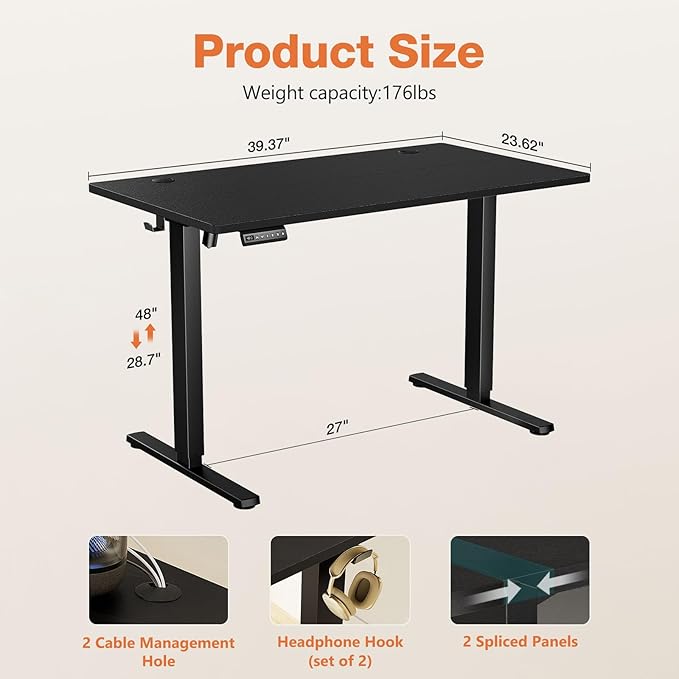 Sweetcrispy Electric Standing Desk Adjustable Height 40x24 Inch Sit Stand Up Home Office Desks Computer Workstation PC Work Table with 3 Memory Preset Splice Wood Board Metal Frame Black