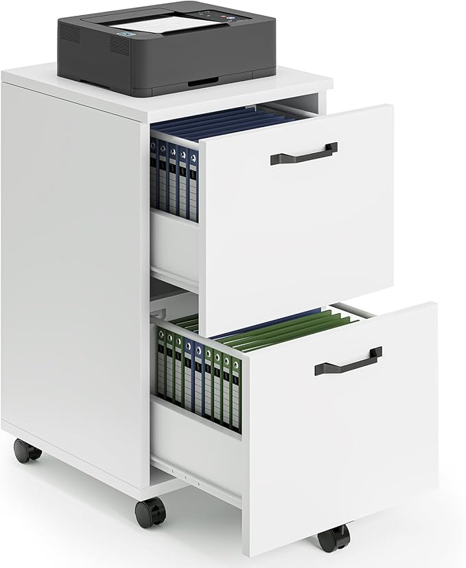 Sweetcrispy 2 Drawer Filing Cabinet White Rolling Wood File Cabinets with Printer Stand Under Desk Storage Lockable Wheels Home Office Organizer