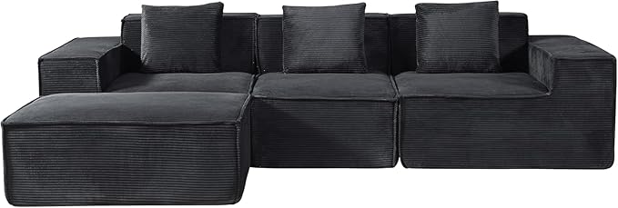 Harper Convertible Corduroy Sectional Couch with Ottoman &amp Pillows Modular L Shaped Sleeper Sofa Boneless Cloud Couch for Living Room Furniture Black