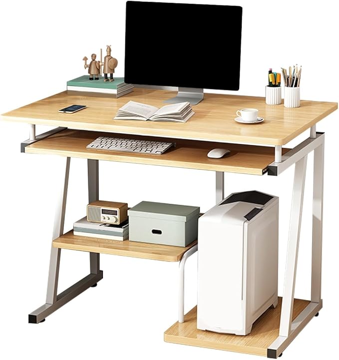 Small Computer Deskthree-layer computer desk with keyboard tray and host tray modern style compact computer desk suitable for home office small apartment and other scenes(Yellow27.6in*15.7in*28.7