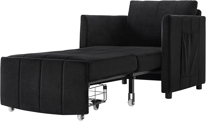 Pull Out Sofa Bed for Living Room 31.5 Upholstered Convertible Sleeper Sofa 3-in-1 Convertible Sleeper Chair with 5-Position Adjustable Backrest Side Pockets and a Storage Basket (Black/352)