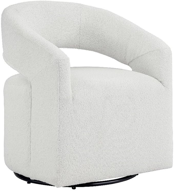 Pemberly Row Contemporary Fabric Armchair 360-Degree Swivel Curved Armrests Bouclé Fabric in White 32.75 H x 27 W x 26 D Modern Accent Chair for Living Room Bedroom Office