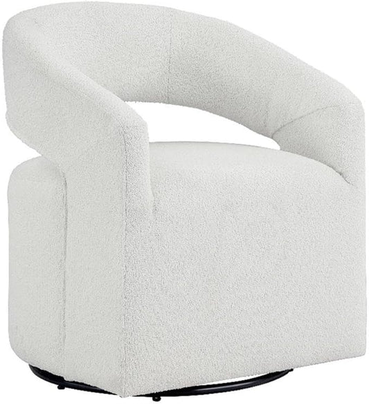 Pemberly Row Contemporary Fabric Armchair 360-Degree Swivel Curved Armrests Bouclé Fabric in White 32.75 H x 27 W x 26 D Modern Accent Chair for Living Room Bedroom Office