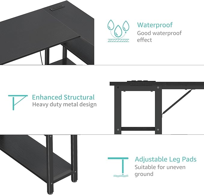 Lufeiya L Shaped Computer Desk with Power Outlet Shelves 47 Inch Corner Desk for Home Office Bedroom L-Shaped Study Writing Working PC Desks Black