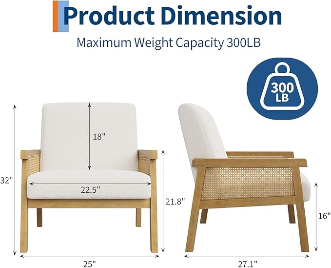 IDEALHOUSE Rattan Accent Chair Boucle Armchair Upholstered Reading Chair with Wooden Frame and High Back Leisure Chairs for Living Room Bedroom Waiting Room Reception White