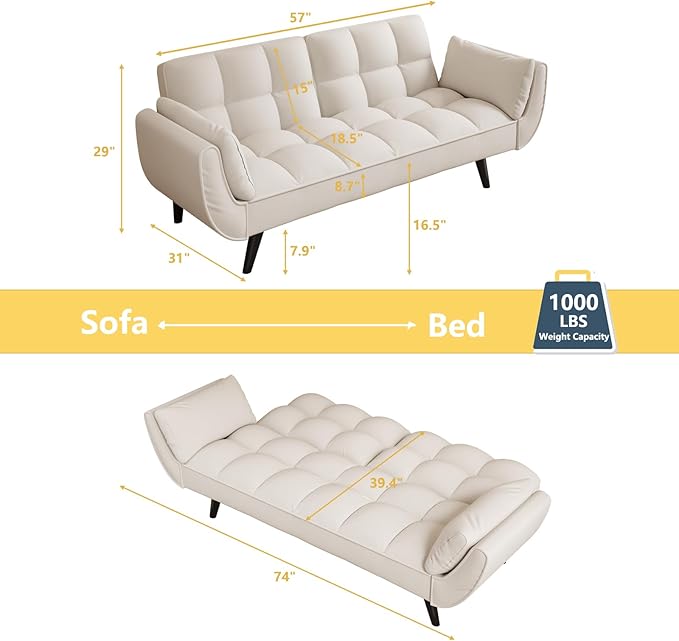 Velvet Futon Sofa Couch Bed with 2 Pillows Convertible Folding Futon Couch with Adjustable Backrest Love Seat Sleeper Sofa Bed for Small Spaces Living Room Office Apartment (Beige)