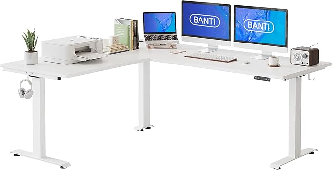 BANTI Triple Motor 75 L Shaped Standing Desk Height Adjustable Electric Stand up Corner Desk Sit Stand Home Office Desk Computer Workstation with Memory Preset White Top