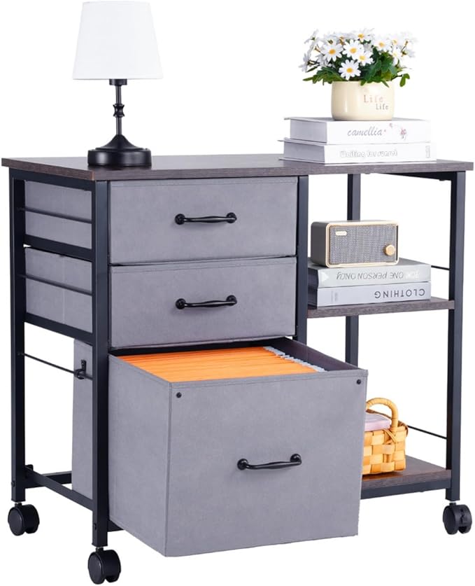 Hassyee Mobile Metal File Cabinet with 3 Fabric Drawers and 2 Open Shelves Multifunctional Office Spacious Storage Cabinet Assembly Required