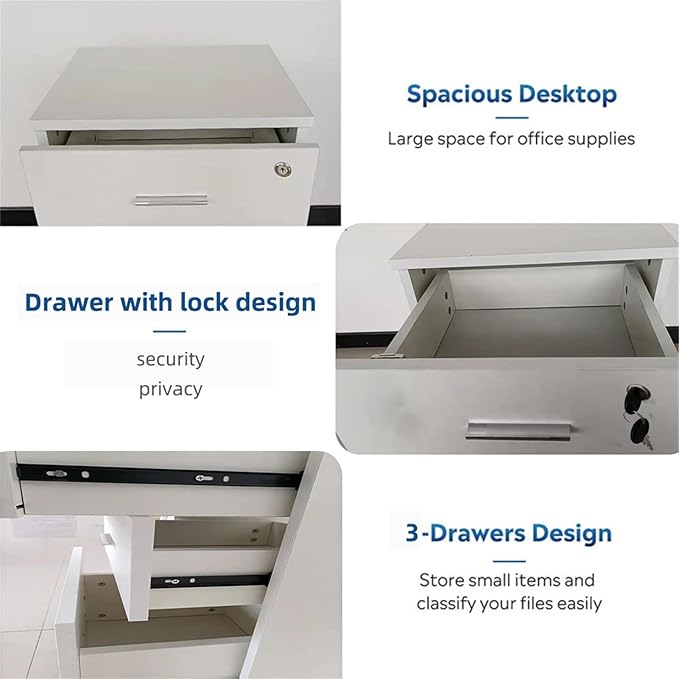 Rolling File Cabinet 3 Drawer Filing Cabinet On Wheels Under Desk Printer Stand Cabinet with Lock Lockable Mobile Filing Cabinets for Home Office Storage Organizer White