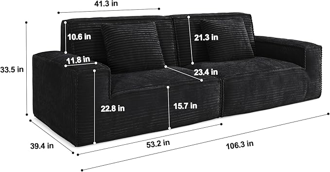106 Cloud Sectional Couch with Deep Seat No Assembly Required Modern Upholstered Boneless Couches with 2 Pillows Full Sponge Compressed Sofa for Living Room/Apartment (Black)