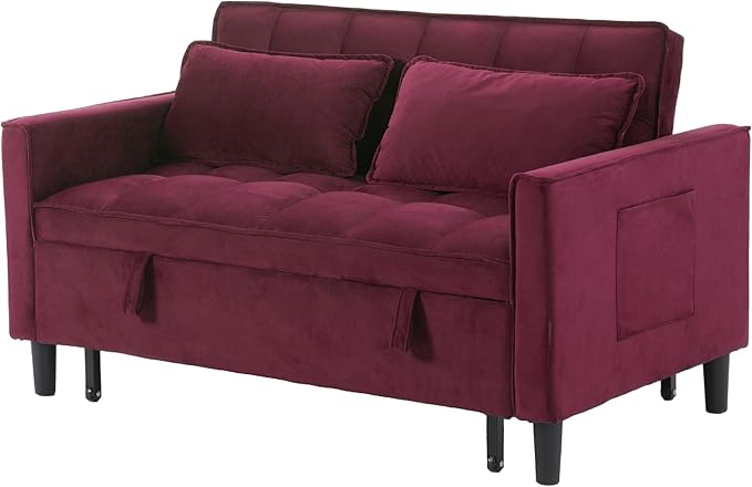 3 in 1 Convertible Sofa Bed Love Seat Sleeper Bed with Side Pockets Velvet Fabric Pull Out Couch with Adjustable Backrest for Living Room Bedroom Apartment Purplish-Red