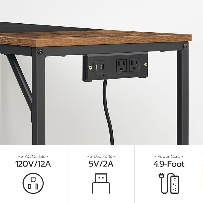 HOOBRO Computer Desk Home Office Desk with Power Outlet Modern Study Writing Desk with 3 Hooks for Study Room Home Office Sturdy and Stable Easy to Assemble Rustic Brown and Black BF41UDN01
