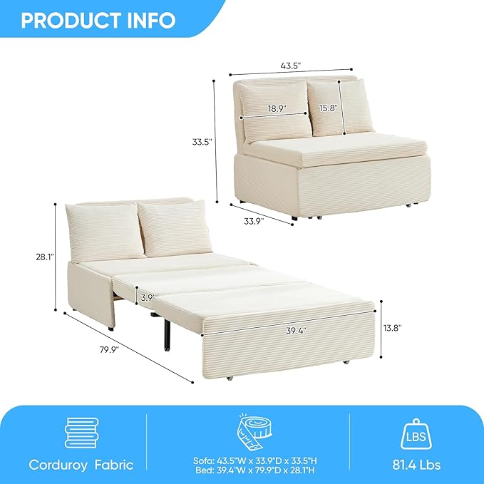 Mjkone 43 Width Sofa Bed Chair Twin Size with Pull Out Couch Beds 2-in-1 Modern Corduroy Living Room Pull Out Sleeper Sofa Chair Bed with Cushions and Throw Pillows for Apartment Home Office Beige