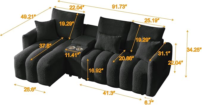 91.7 Modular Cloud Couch L-Shaped Teddy Fabric Sectional with Power &amp USB Ports Deep Seat 3-Seater Cloud Sofa with Storage Console &amp Cup Holders for Living Room Bedroom Apartment Black