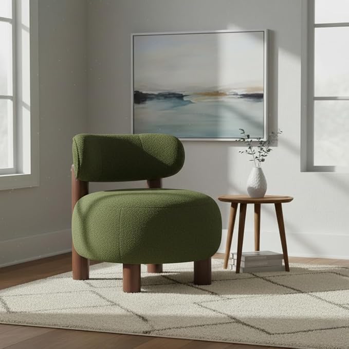 Modern Boucle Accent Chair Set of 2 with Plush Faux Sherpa Upholstery Curved Backrest Solid Wood Legs for Living Room Bedroom Reading Nook 27.5 Green