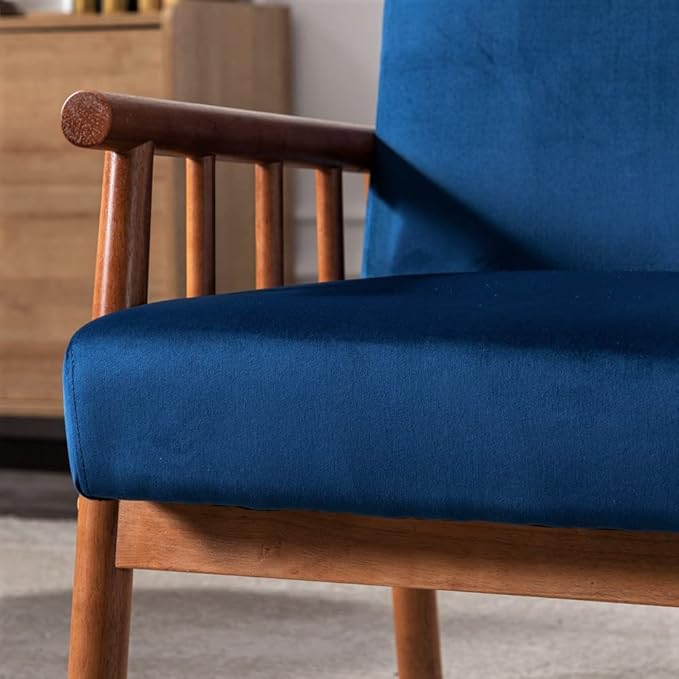 Container Furniture Classic Living Room Mid Century Modern Accent Chair with Unique Open-Framed Arm Design and Solid Wood Frame Velvet Armchair Dark Blue