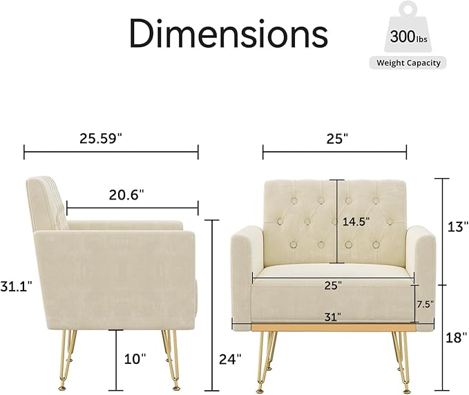 Olela Accent Chair with Arm for Living Room Velvet Modern Armchair Single Sofa Cozy Tufted Upholstered Reading Side Chairs with Gold Metal Leg for Bedroom Decorate