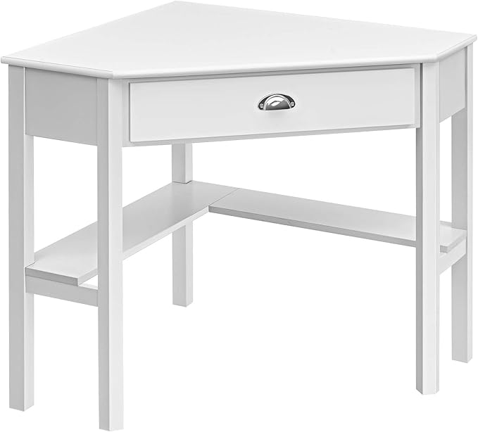 Tangkula White Corner Desk with Drawer Storage Shelves for Computer Makeup Vanity Desk for Small Space 90 Degrees Triangle Desk