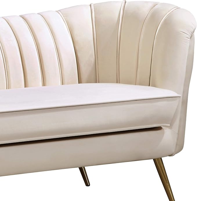 Meridian Furniture Margo Collection Modern | Contemporary Velvet Upholstered Loveseat with Deep Channel Tufting and Rich Gold Stainless Steel Legs Cream 65 W x 30 D x 33 H
