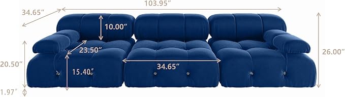 104 Velvet Modular Sectional Sofa Luxury Modern 3-Seater Sectional Couches for Living Room Bedroom Office Apartment (Blue)