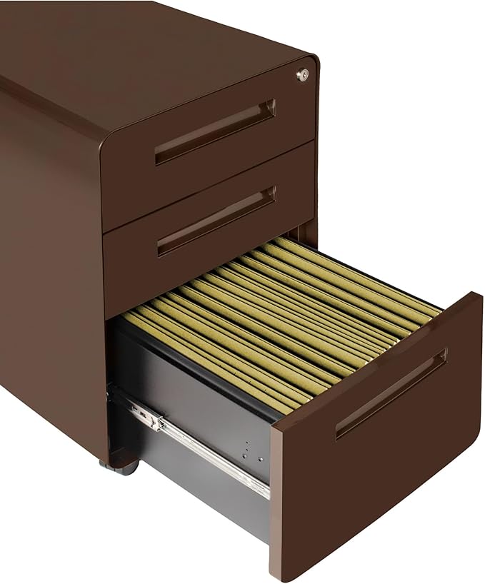 Laura Davidson Furniture Stockpile 3 Drawer File Cabinet with Lock - Under Office Desk Metal Filing Cabinet Legal/Letter File Folders Wheels and Stationary Feet Pre-Assembled Dark Brown