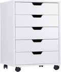SUPER DEAL 5 Drawer File Cabinet for Home Office Wood Under Desk Filing Cabinet Mobile Printer Stand Rolling Storage Organizer with Lockable Casters for Apartment Small Spaces White