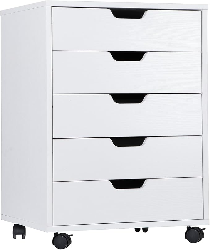 SUPER DEAL 5 Drawer File Cabinet for Home Office Wood Under Desk Filing Cabinet Mobile Printer Stand Rolling Storage Organizer with Lockable Casters for Apartment Small Spaces White