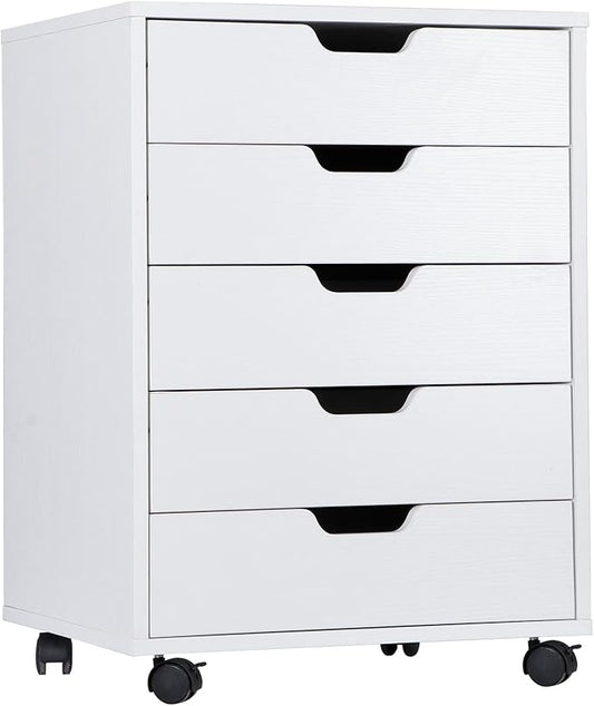 SUPER DEAL 5 Drawer File Cabinet for Home Office Wood Under Desk Filing Cabinet Mobile Printer Stand Rolling Storage Organizer with Lockable Casters for Apartment Small Spaces White