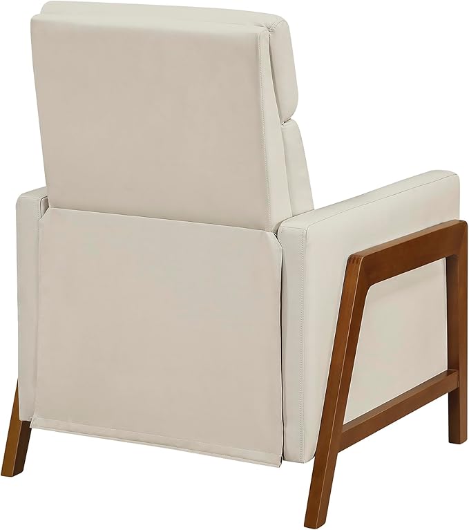 Lexicon Push Back Recliner Chair Faux Leather Upholstered Reclining Chair with Footrest Exposed Dark Brown Finish Wood Frame Small Recliner for Small Space Living Room Bedroom Light Beige