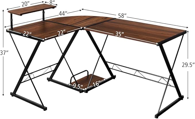 POWERSTONE L Shaped 58 Work from Home Computer Desk Rustic Writing Office Workstation Corner Curved Gaming Table with Monitor Stand and Storage Shelve