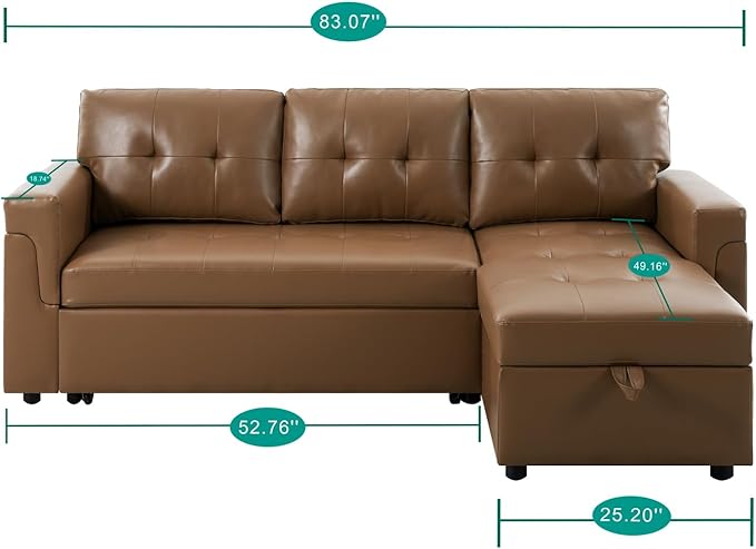 Naomi Home Reversible Sleeper Sectional Sofa Storage Chaise Mocha/Air Leather