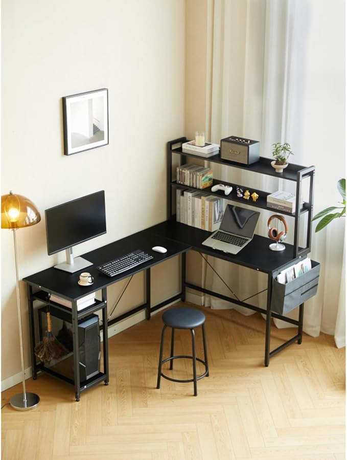 94.5 Inch Home Office Desk L Shape Gaming Desk with Storage Shelves and Padded Stool for Small Space Industrial PC Laptop Desk Corner Work Table with Large Countertop for School and Bedroom Black