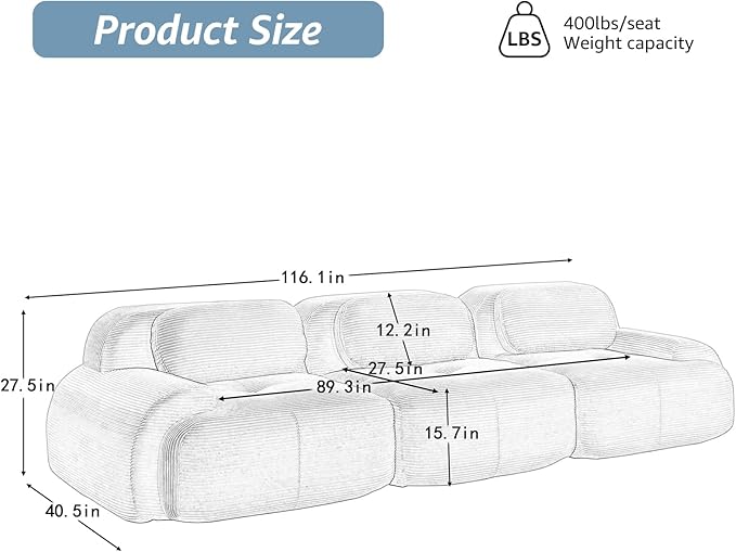 116 Modern Boneless Couches for Living Room Corduroy Cloud Couch Sectional with Deep Seat Blue Modular Sectional Sofa 3 Seater Couch for Living Room Sofas para Sala (Blue 3 Seater)