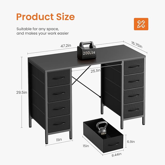 Sweetcrispy Computer Gaming Desk with 8 Storage Fabric Drawers 47 Inch Home Office Bedroom Desk with Sturdy X-Frame Modern Writing Study Work Table with Adjustable Feet Black
