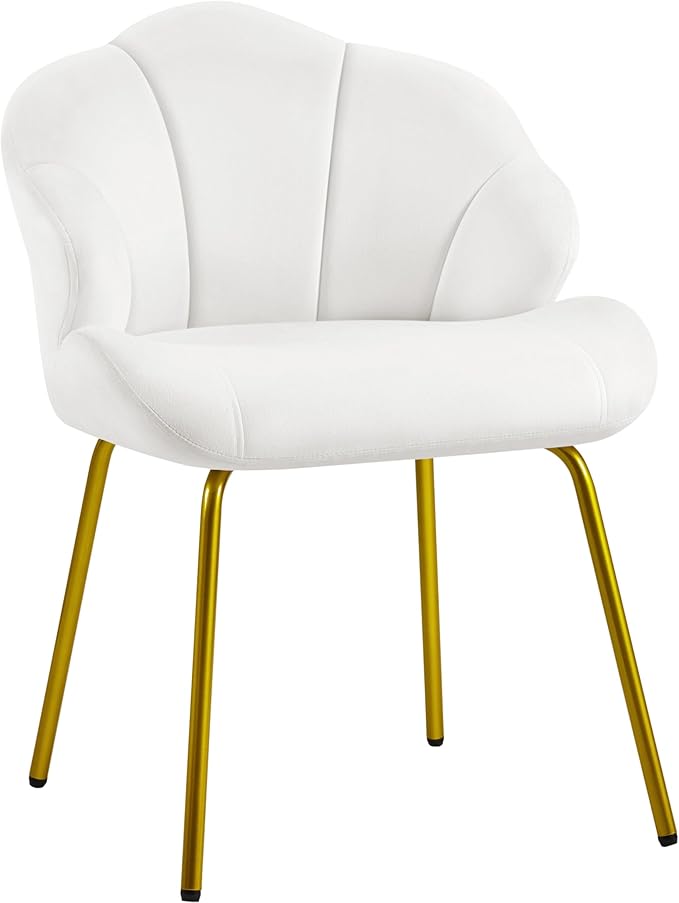 Yaheetech Vanity Chair Velvet Accent Chair with Shell-Shaped Backrest Modern Armchair with Gold Metal Legs for Dressing Room/Bedroom/Living Room White