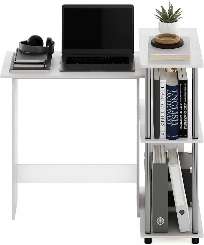Furinno Abbott Corner Computer Desk with Bookshelf White Oak/Chrome