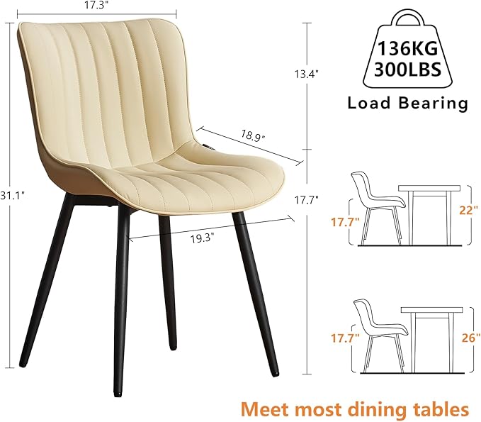 YOUNUOKE Mid-Century Modern Dining Chairs Set of 2 Beige PU Leather Upholstered Kitchen Chairs with Black Metal Legs Armless Accent Chair for Dining Room Guest Reception Room