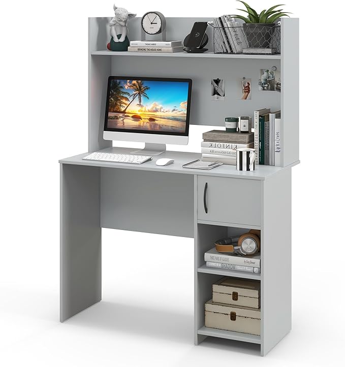 Tangkula Computer Desk with Hutch Home Office Desk with Raised Display Shelf &amp 2 Open Shelves Cabinet with Door Cable Management Holes Modern Laptop PC Desk Study Writing Desk for Bedroom (Gr