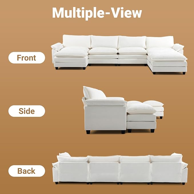 VINGLI 157 Cloud White/Cream Convertible Sectional Sofa Comfy U-Shape Extra Deep Seat Sofa Couch for Living RoomModern Chenille 4-Seat Convertible Sofa with 3 Movable Ottomans for Small Space