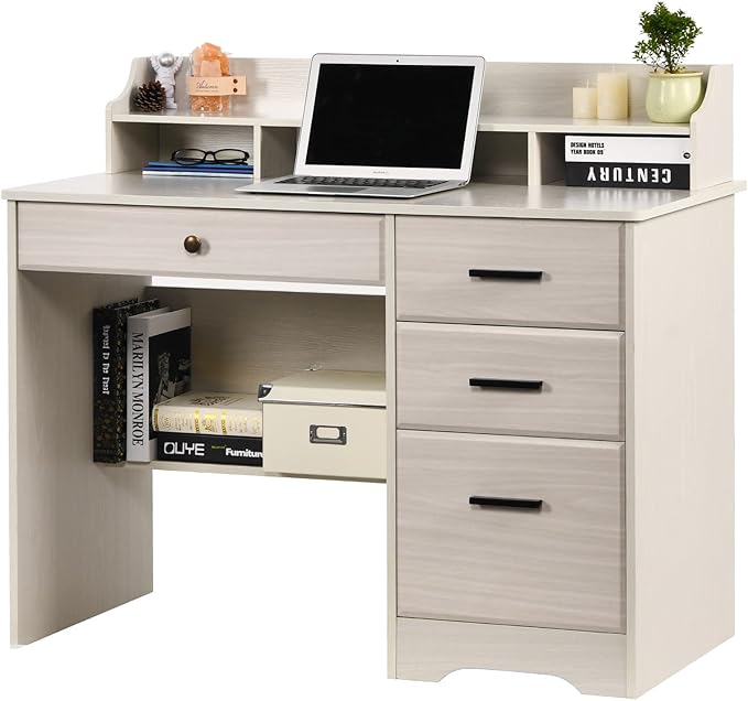 White Home Office Desk with 4 Drawers &amp Hutch Computer Table for Bedroom Off-White