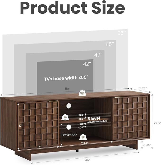 COLAMY TV Stand with Two Doors Entertainment Center 59 with Adjustable Shelves and Storage Mid-Century Modern TV Stand for 50/55/65 inch TV Media Console Cabinet for Living Room Bedroom Walnut